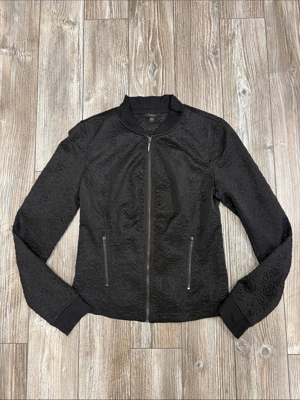 Guess Black Quilted Floral-Textured Bomber Jacket